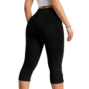 Womens Black <b>Stretch</b> <b>Denim</b> Capri Pants Regular Fit High Waist Button Hem Casual Cropped Jeans Summer Daily Wear Comfort Fit - Product Image 2