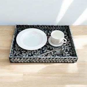 Black & <b>White</b> Capiz Shell <b>Tray</b>: Mother of Pearl Decorative Serving <b>Tray</b> Rectangular Bohemian Floral Serving Table Decor - Product Image 2