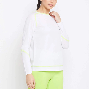 Women <b>Long</b> <b>Sleeve</b> Crew Neck <b>T</b>-<b>Shirt</b> <b>White</b> With Neon Green Trim Sporty Quick Dry Knitted Polyester Regular Fit Spring Summer - Product Image 1