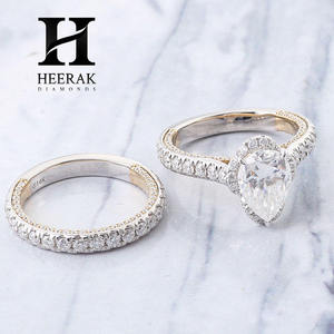 Anillo de compromiso de lujo con diamantes en forma de pera, conjunto de dos piezas, oro blanco, banda pavé con gran diamante redondo para mujer - Product Image 3