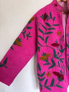 Pink Mandarin Collar Embroidered Coat Floral Print Long Sleeve Loose Fit Chinese Style Woven Acrylic Jacket <b>All</b> Seasons Casual - Product Image 6