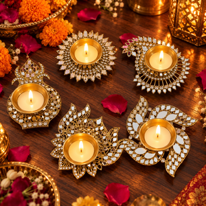 Brass <b>Mirror</b> Work Tealight Holder for Diwali Home Decor Festive Decoration <b>Table</b> Centerpiece Gift for Festivals and Celebrations - Product Image 1