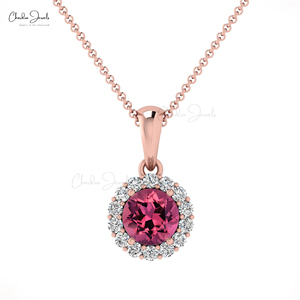Pendentif en or pur 14 carats authentique avec tourmaline rose taille ronde 0,25 carat et halo de diamants, collier, cadeau idéal pour l'amour - Product Image 3