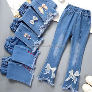 Pantalones vaqueros casuales para niñas con lazo y bordado, diseño de pierna ancha en negro, novedad para estudiantes de secundaria, para primavera y otoño, en stock. - Product Image 2