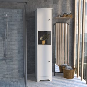 Armadio a Doppia Anta in Lino Yaka di Depot E Shop, Quattro Ripiani Interni con Un Ripiano Aperto, Bianco, per Organizzazione Bagno - Product Image 1