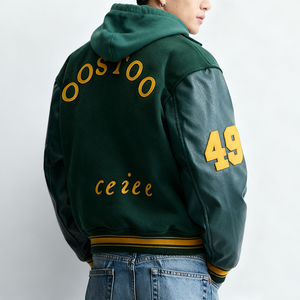 Custom Logo Chenille Embroidery Patch top Quality Green Vintage Faux Leather Sleeves Letterman Varsity Bomber <strong>Jacket</strong> for Unisex - Product Image 3