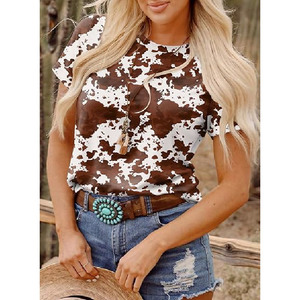 Camiseta de manga corta con estampado de vaca y cinturón de color caramelo, cuello redondo, ajuste holgado, informal, top de verano para mujer, tejido transpirable de poliéster - Product Image 1