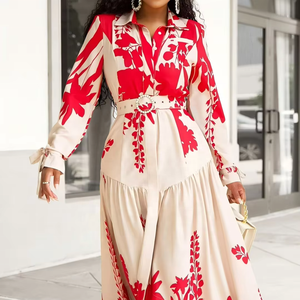 เดรสลายดอกวินเทจสำหรับผู้หญิง แต่งเข็มขัดตัดสี แขนยาว ชายกระโปรงไม่สมมาตร เป็นมิตรกับสิ่งแวดล้อม เอวสูง ยาวคลุมเท้า สไตล์ลำลอง - Product Image 1