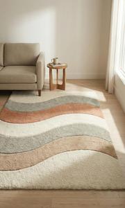 Tapis d'appoint moderne abstrait ondulé en laine, antidérapant, doux, tufté, multicolore, à rayures aux tons terreux, à poils moyens, pour salon - Product Image 4