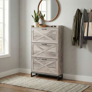 Barn Door Three-Drawer Cabinet with Top Panel Shoe Rack 80*24*145cm Particleboard Washed Gray Finish - Product Image 5