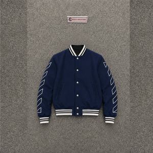 CLASSIC NAVY LETTERMAN VARSITY <b>JACKET</b> FOR <b>MEN</b> With <b>White</b> Geometric Stripes On Sleeves Preppy Style Regular Fit Turn-down Collar - Product Image 5