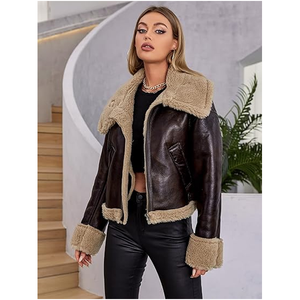 Blouson bomber en cuir véritable pour femme avec col et poignets en fourrure, manteau court d'hiver épais et coupe-vent - Product Image 3