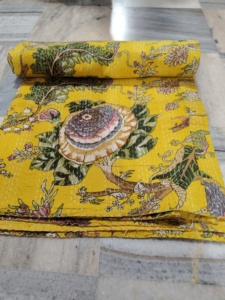 Handmade Kantha Quilt Reversible Cotton Blanket yellow fabric print color and Multi Color <b>Bedspread</b> Home Decor Gift for Her - Product Image 1
