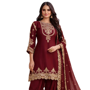 ชุดส่าหรีแบบปักลายสวยงาม ผ้าจอร์เจตต์เนื้อนุ่ม ไม่ยับง่าย สไตล์งานเลี้ยง ความยาวระดับเข่า ทรงปกติ สำหรับผู้หญิง - Product Image 1