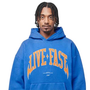 Sweat à capuche graphique oversize en molleton bleu roi, épais, à épaules tombantes, avec imprimé lettres, vente en gros - Product Image 1