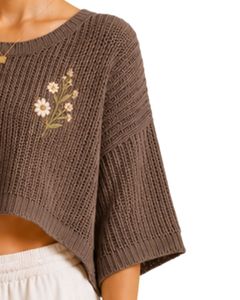 Pull court tricoté marron pour femme, coupe ample, manches courtes, léger et respirant, idéal pour l'été, style décontracté et tendance - Product Image 3