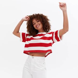 Camiseta Corta a Rayas Rojas y Blancas para Mujer, Cuello Redondo, Corte Holgado, Informal, 100% Algodón Jersey, Primavera Verano - Product Image 4