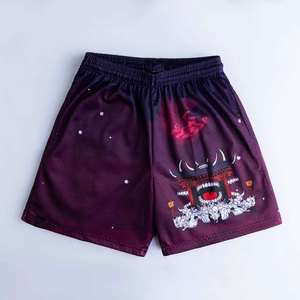 Men's Red Printed Knitted 100% Polyester Shorts Elastic Waist Casual Breathable Mesh Fabric with Bird and Sun Design Front Logo - Product Image 4