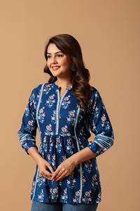 Top/Kurta de Algodón con Estampado Floral Azul para Mujer, Corte Regular, Largo Regular, Estilo Informal para Fiestas, Estilo India Pakistán, Secado Rápido - Product Image 2
