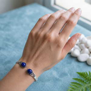 Vintage Scroll Classic Lapis Lazuli Unisex Jewelry Set <b>Adjustable</b> <b>Ring</b> with Open Cuff Bracelet Silver/Gold Plated Brass Gift - Product Image 4