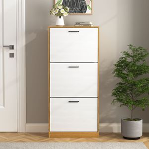 Mueble zapatero independiente de 3 cajones con panel blanco y tapa abatible, organizador estrecho para entrada - Product Image 1