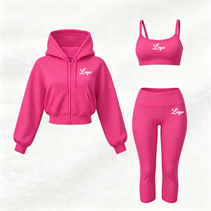 Women's 3 Piece Set Hooded Zip Up Cropped Sweatshirt Sports Bra Leggings <b>Pink</b> Activewear Two Piece Women's Set's - Product Image 1