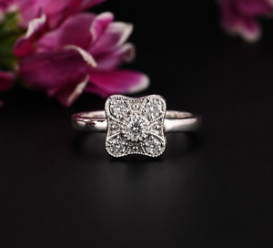 Diamond Cluster <b>Ring</b> 0.50 Ct Natural Diamonds Rectangular Bar Vintage Style Sterling Silver - Product Image 1