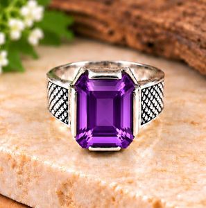 Amethyst Sterling <b>Silver</b> <b>Ring</b>, <b>Emerald</b> Cut Purple Gemstone Men's <b>Ring</b>, Vintage Engraved <b>Silver</b> Statement Jewelry - Product Image 1