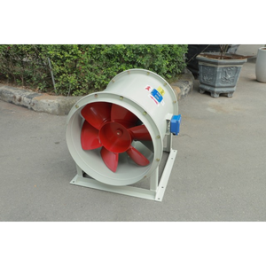 Ventilador axial metálico de alta temperatura para extracción de humo y fuego en sótanos, con soporte OBM y rodamientos de bolas, alimentado por fuente de energía eléctrica. - Product Image 1