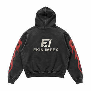 เสื้อฮู้ดดี้โอเวอร์ไซส์สไตล์วินเทจแบบซักล้างพิเศษ ผ้าฟลีซหนานุ่ม พิมพ์ลายเปลวไฟ สตรีทแวร์ - Product Image 2
