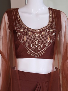 Women Brown Embroidered Crop <b>Top</b> With <b>Net</b> Dupatta Traditional Indian Pakistani Wedding Wear - Product Image 6