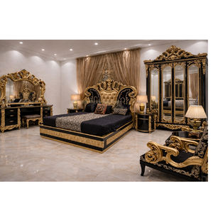 Juego de Comedor de Madera de Teca Moderno y Lujoso de Estilo Barroco Europeo Negro Dorado para 10 Personas - Product Image 2