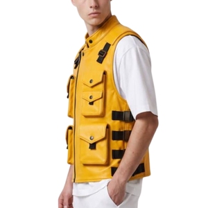 Nuevo Chaleco de Cuero Amarillo Hecho a Mano, Chaleco de Cuero Genuino para Motociclistas, Chaleco Utilitario con Múltiples Bolsillos - Product Image 4