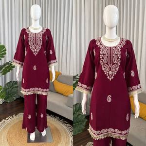 Burgundy Embroidered Kurta for Women Rayon Lace Trim Long <b>Top</b> Casual Party Indian Pakistani Outfit - Product Image 2