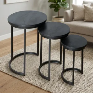 Modern Nested Wood <b>Side</b> <b>Tables</b> Minimalist Design Black Metal Frame Living Room Furniture Wooden iron Nesting <b>set</b> - Product Image 1