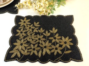 Handmade Black Fabric <b>Placemat</b> With Gold Floral Embroidery Irregular Shape Classic <b>Table</b> Mat Decorative Set - Product Image 1