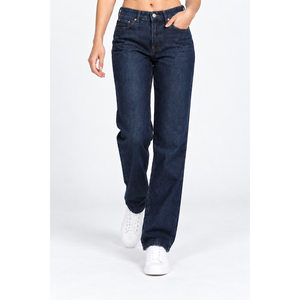 Jeans de Mezclilla de Pierna Recta y Cintura Media para Mujer con Bolsillos Verticales en Relieve, Azul Medio - Product Image 1