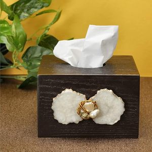 Caja de pañuelos decorativa de bambú de lujo con soporte de papel con textura de madera y detalles de piedra y perla para la entrada del hogar y el baño - Product Image 1