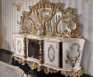 Royal Luxury Solid Teak Wood <b>Console</b> <b>Table</b> Triple Wall Mirror Set <b>Gold</b> Carved Sideboard Cabinet Living Room Buffet Furniture - Product Image 1