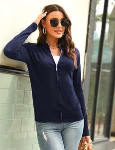 <b>Women's</b> <b>Navy</b> Blue Zipper <b>Cardigan</b> Full Sleeve Stand Collar Solid Color Knitted Sweater Casual Winter Wear 100% Acrylic - Product Image 6