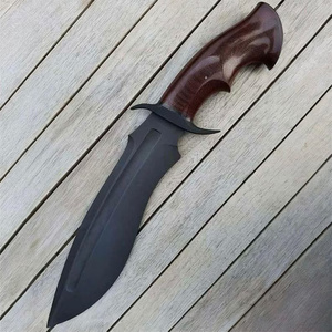 Couteau de chasse Bowie à lame fixe en acier inoxydable noir, fait main, avec poignée ergonomique à rainures pour les doigts, vente en gros A&M - Product Image 1