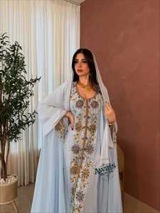 Awais House Women's Light Blue Embroidered Abaya Long Sleeve Floor Length Modest Floral Design For Wedding And Eid - Product Image 1