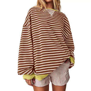 <b>White</b> Rust Crew Neck <b>Sweatshirt</b> with Horizontal Stripe Pattern Loose Cut Long Sleeves Contrast Cuff Hem Trim Logo Customization - Product Image 5