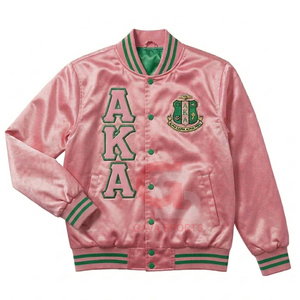 Veste universitaire et HBCU pour femmes, style bomber en satin rose et vert, avec lettres grecques, coupe courte, coupe-vent - Product Image 1