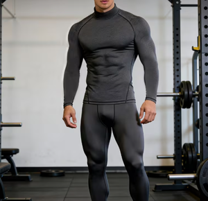 Combinaison de compression à manches longues pour homme, col rond, noire unie, séchage rapide, réversible, respirante, coupe-vent, écologique, coupe classique - Product Image 1