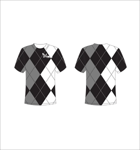 T-shirt personnalisé sublimé imprimé sur toute la surface, motif Argyle noir, blanc et gris, unisexe, col rond, respirant, en polyester, Ferocious - Product Image 1