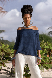 Blusa de algodón fruncida para mujer, color óxido, con hombros descubiertos y manga acampanada, de gasa de algodón supersuave, manga larga, estilo bohemio, para verano - Product Image 3