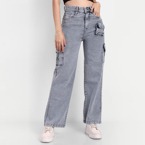 Jean cargo droit en denim pour femme, taille mi-haute, coupe ample, longueur intégrale, décontracté, hiver, en tissu de coton écologique et respirant - Product Image 1