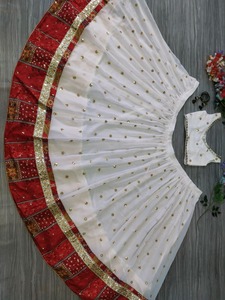 Conjunto de Lehenga Choli Blanco y Rojo con Bordado de Espejo, Traje Tradicional Indio para Bodas, Vestido Largo de Algodón para Mujer - Product Image 6