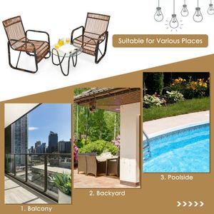 Juego de 3 Piezas de Muebles de Ratán para Patio, 2 Sillas Individuales de Mimbre y Mesa Auxiliar de Vidrio para Jardín - Product Image 3